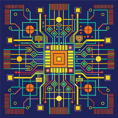 Poster - A colorful, abstract illustration of a circuit board design featuring a central processing unit at the center, A grid-like pattern reminiscent of a circuit diagram or computer chip