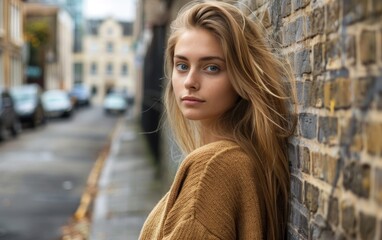 A woman with long blonde hair stands in front of a brick wall. She is wearing a brown sweater and has a serious expression on her face