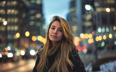 Wall Mural - A woman with long brown hair stands in front of a city street. She is wearing a black coat and a scarf. The scene is set at night, with the city lights illuminating the area
