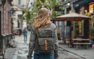 a woman wearing a backpack is walking down a street. the scene is set in a city with a cafe and a be