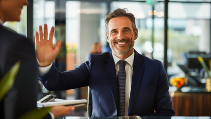 A businessman in a suit waves and smiles while greeting someone in a modern office setting.