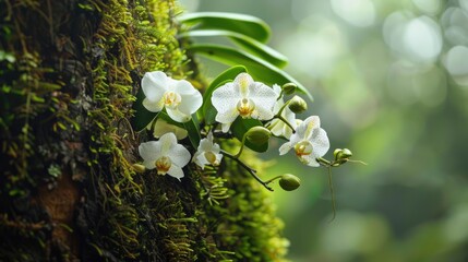 Wall Mural - phalaenopsis amabilis known as moon orchid growing on a coconut tree draped in moss