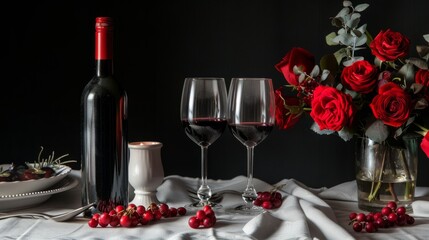 Wall Mural - tablecloth with red wine glasses and a bottle of wine, suggesting a special occasion generative ai