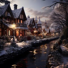 Wall Mural - Winter cityscape with houses and river in the evening. 3d rendering