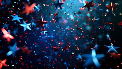 Wall Mural - Illustration of bright American stars confetti for celebration holiday, dynamic blue and red sparkles,