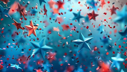 Wall Mural - Illustration of bright blue and red stars confetti for American holiday, festive celebration,