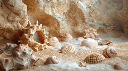 Canvas Print - Marine backdrop with sandy golden rocks and seashells