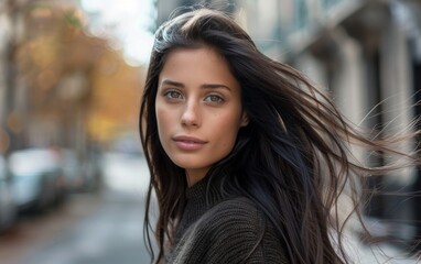 Wall Mural - A woman with long hair is standing on a street. She is wearing a black sweater and has a serious expression on her face