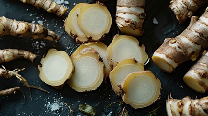 Poster - Slices of fresh galangal rhizomes displayed on a dark background