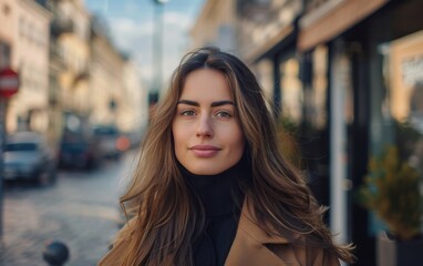 Wall Mural - A woman with long brown hair is standing on a city street. She is wearing a brown coat and a black sweater