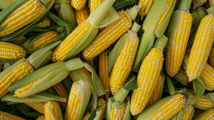 Freshly Harvested Sweet Corn Cobs with Husks Displaying Vibrant Yellow Kernels, Generative AI