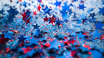 Wall Mural - Independence Day fair with blue and red stars confetti and rides, high-definition photo,
