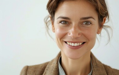 A woman with a smile on her face is wearing a brown jacket. She has a nice, warm, and inviting look about her