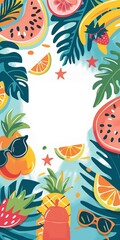 Naklejka na meble A graphic tropical ornament with exotic fruits, palm leaves, and vibrant watermelon, perfect for summer.