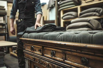 Bespoke furniture upholstery: Upholsterer re-covering furniture with fabric and padding in a workshop.