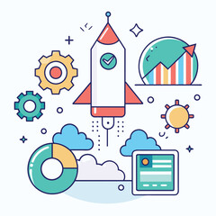 Poster - Minimalist Icon Depicting Simple Efficient Rocket Launch With Charts and Gears, A minimalist icon reflecting simplicity and efficiency in a digital startup