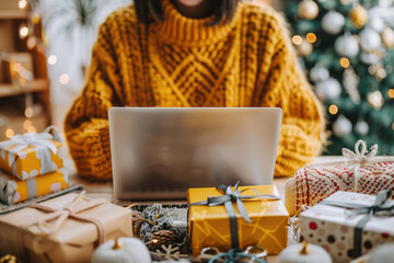 Wall Mural - Gifts, Online shopping on laptop: Person browsing products on a laptop for e-commerce.