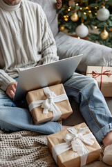 Wall Mural - Gifts, Online shopping on laptop: Person browsing products on a laptop for e-commerce.