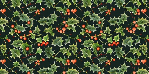 Wall Mural - holly with berries. Pattern christmas winter plants grass branches Christmas background texture.