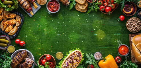 Variety of grilled foods arranged on picnic blanket. Diverse selection of barbecue dishes and fresh vegetables on checkered cloth. Concept for summer cookout.