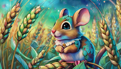 Sticker - oil painting style Cartoon character A small field cute mouse, a rodent sits on a wheat field,
