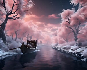 Wall Mural - Fantasy landscape with a boat in the middle of a frozen lake