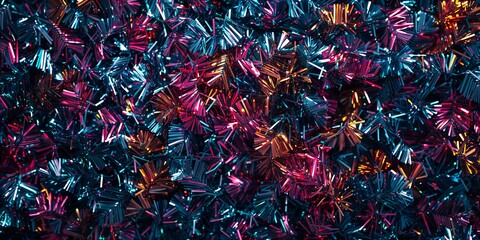 Wall Mural - A vibrant of colorful tinsel in shades of red, blue, pink, and gold. The metallic strands reflect light, creating a festive and shimmering holiday atmosphere