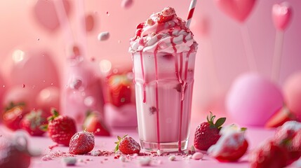 Wall Mural - colorful strawberry milkshake photo description: photo of strawberry milkshake topped with whipped c