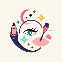 Poster - Playful Makeup Brand Logo Featuring Eye, Brush, and Pencil, A minimalist logo for a playful makeup brand featuring a whimsical, hand-drawn illustration