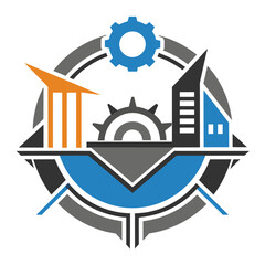 Poster - A minimalist industrial logo incorporating a gear, a building, and compass elements, A minimalist logo incorporating elements of industrial design