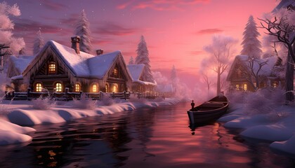 Wall Mural - Beautiful winter panorama of a small village on the shore of a frozen lake.