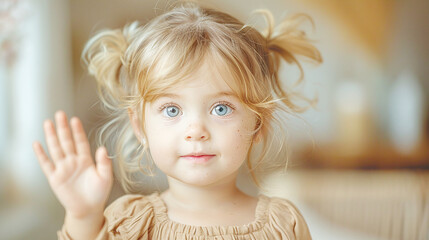 Blonde Toddler with Blue Eyes and Freckles Waving Greeting Indoors High-Quality Portrait 