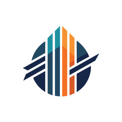 Wall Mural - A minimalist logo featuring a circle with blue, orange, and black stripes, forming a stylized skyscraper-like shape, Create a minimalist logo with clean lines and geometric shapes