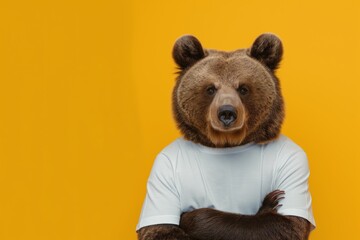 comical image of a bear with hipster vibes wearing a white t-shirt, arms crossed, on a vibrant yello