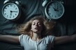 © juliars - Overhead view of a woman in deep sleep amidst multiple alarm clocks on a bed