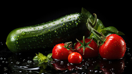 Wall Mural - Fresh tomatoes and cucumbers with water droplets on dark background
