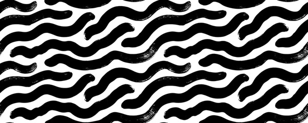 Bold curved lines doodle seamless pattern. Hand drawn organic thick wavy strokes background. Creative abstract squiggle style background. Brush drawn wavy bold rounded lines. Freehand scribbles.