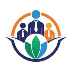 Poster - A simple yet impactful logo design featuring three business professionals within a circle surrounded by green leaves, A simple yet impactful logo that represents the world of management consulting