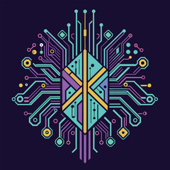 Poster - A minimalist digital illustration featuring a geometric circuit board design with colorful shapes and lines, A sleek and minimalist design featuring circuit board patterns