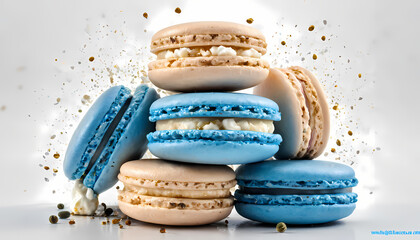 Macarons pile with blue white frosting