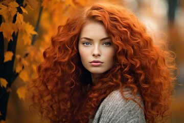 Wall Mural - Portrait of a woman with vibrant red hair contrasting with golden autumn leaves