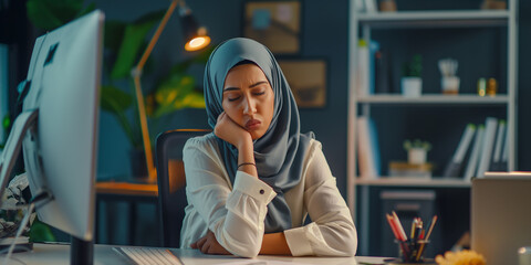 A hijabi woman has fallen asleep at her desk, her head resting on her arms beside a glowing computer monitor. Papers and stationery are scattered around, emphasizing the busyness at work