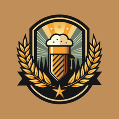 Poster - A minimalist logo for a craft beer brewery, featuring a stylized beer glass with foam, wheat, and a star, A sleek logo for a craft beer brewery