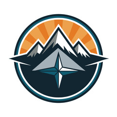 Poster - A minimalist logo featuring a mountain range and a compass star, A sleek logo with a minimalist mountain range and compass symbol