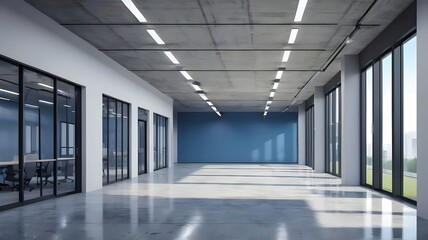  blue-office-corridor-concrete-floor-loft-style-windows-continuous-ceiling-lights-business