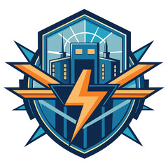 Poster - a stylized logo showcasing a building with a lightning bolt and geometric shapes in a blue, orange, 
