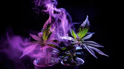 Poster - Cannabis leaves with colorful smoke

