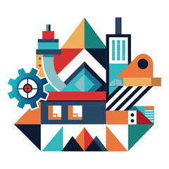 Poster - Abstract geometric shapes resembling industrial machinery, creating a modern art design, Abstract geometric shapes resembling factory machinery