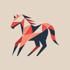 Poster - Geometric illustration of a horse rendered in red, white, and blue against a neutral background, Abstract geometric shapes resembling a horse