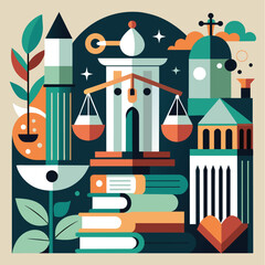 Poster - an abstract illustration symbolizing the pursuit of knowledge, justice, and growth within academia, 